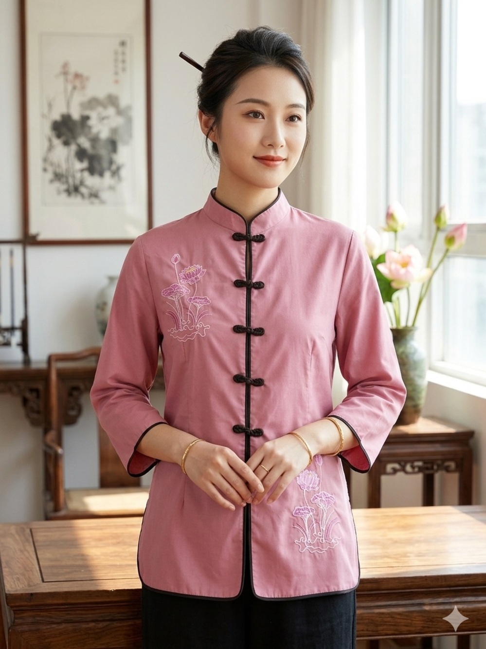 Pink Mandarin Button Embroidered Jacket, size small/medium